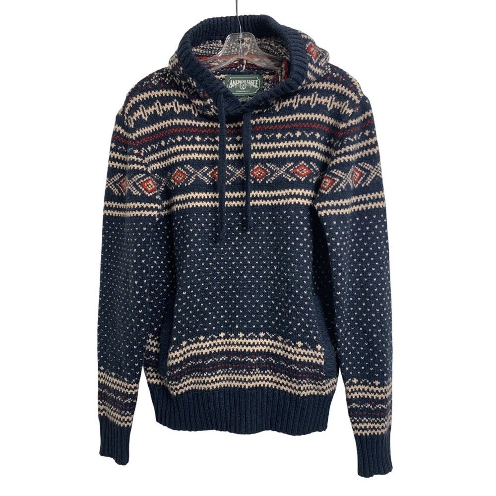 American Eagle M Fair Isle Knit Y2K Pullover Sweater Hoodie Blue - Picture 3 of 8